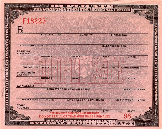Rx Form 1403 for Medicinal Alcohol during Prohibition - USA 1931 - Duplicate Front